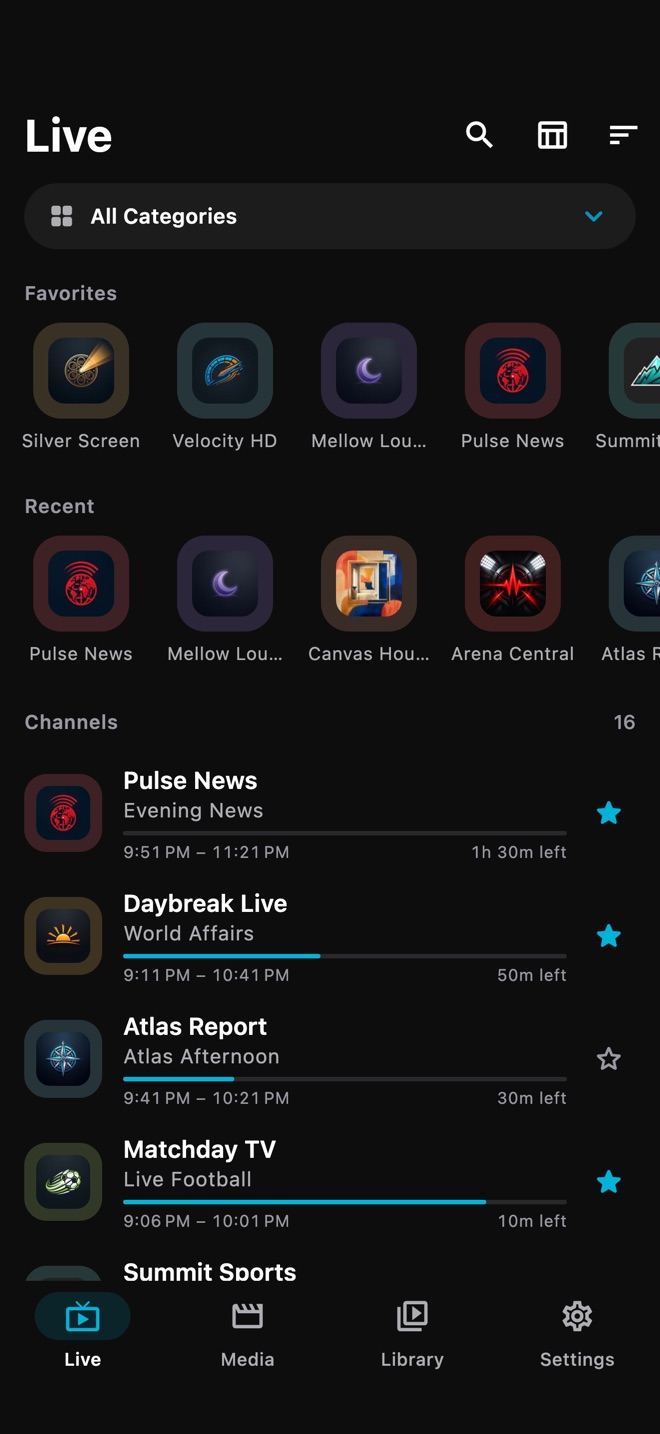 Live TV with favorite and recent channels and what's on now
