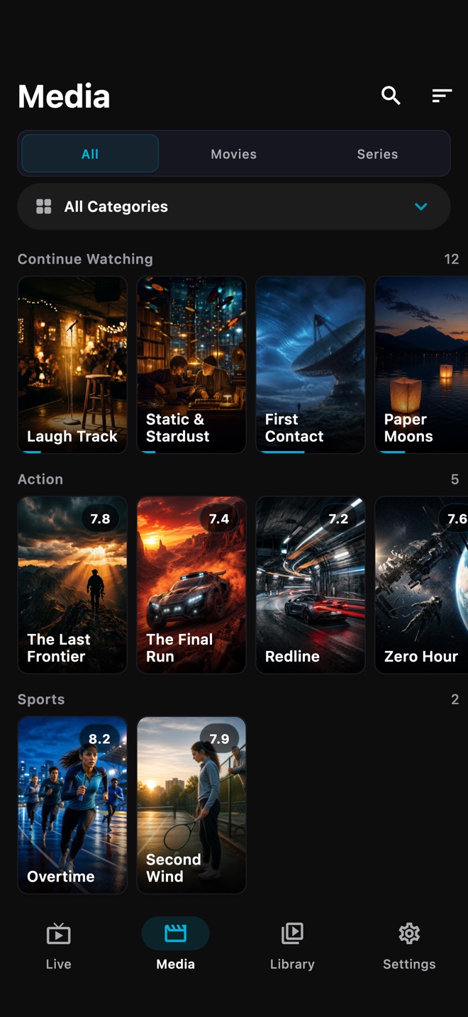 Movies and series grouped by category, with ratings