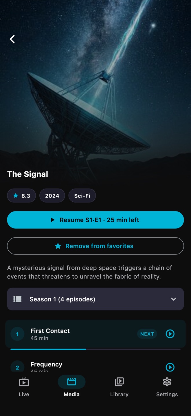 Series page with seasons, episodes and the next episode to watch