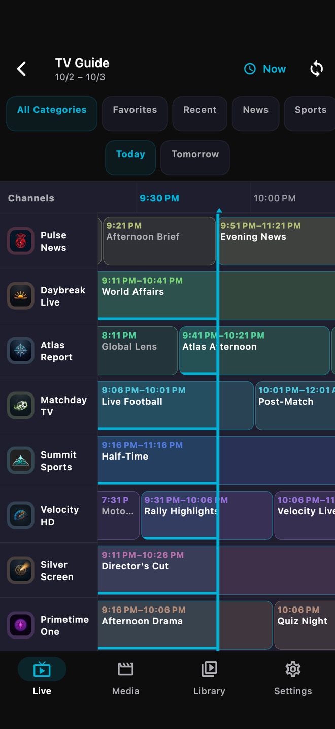 TV guide grid with programmes across channels