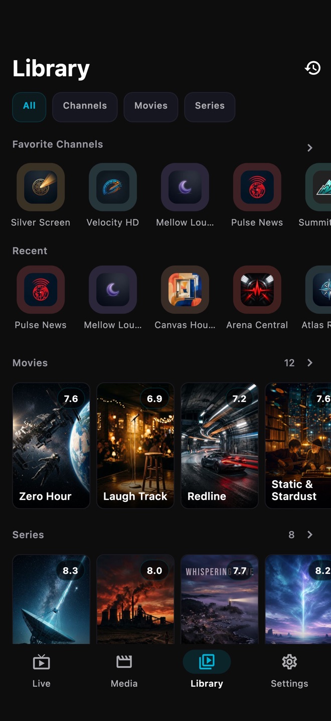 Library with continue watching, recent channels and favorites